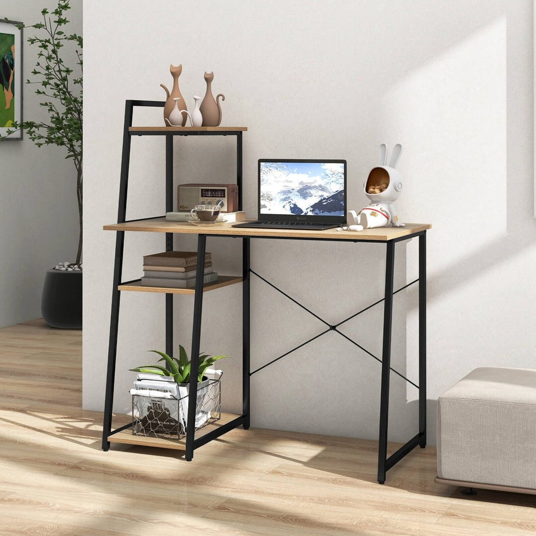 Computer Desk with Shelves Study Writing Desk Workstation with Bookshelf Natural Image 5