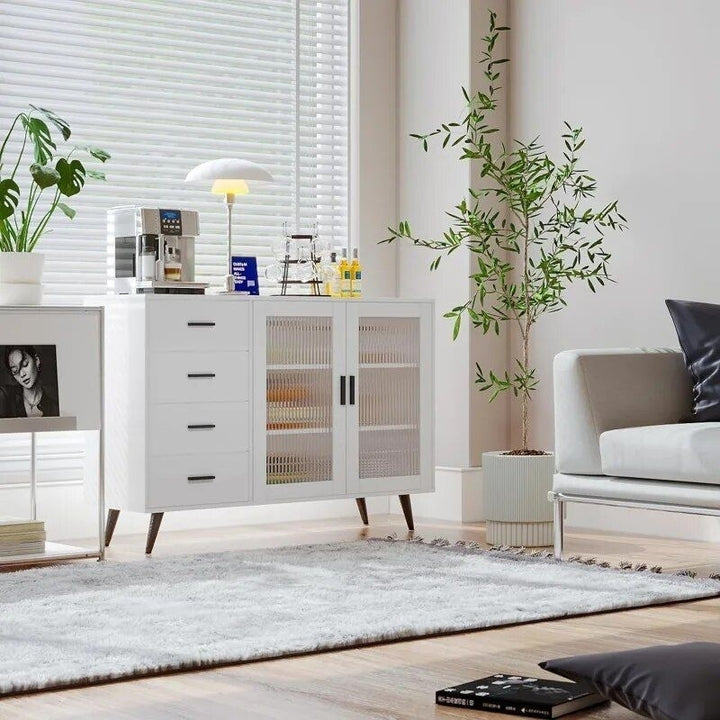 Elegant White Sideboard Buffet Cabinet with Tempered Glass Doors and Adjustable Shelves Image 1