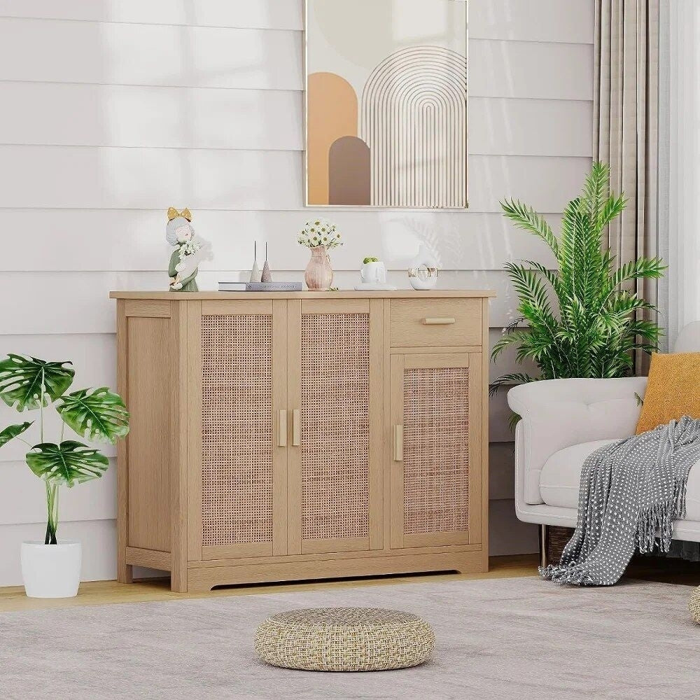 Bohemian Rattan-Decorated Multi-Purpose Storage Cabinet Image 1