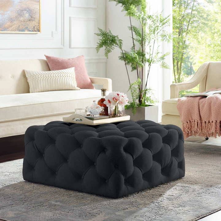 Inspired Home Velvet Linen Cocktail Ottoman 33x33 Tufted Square Castered Legs Image 10