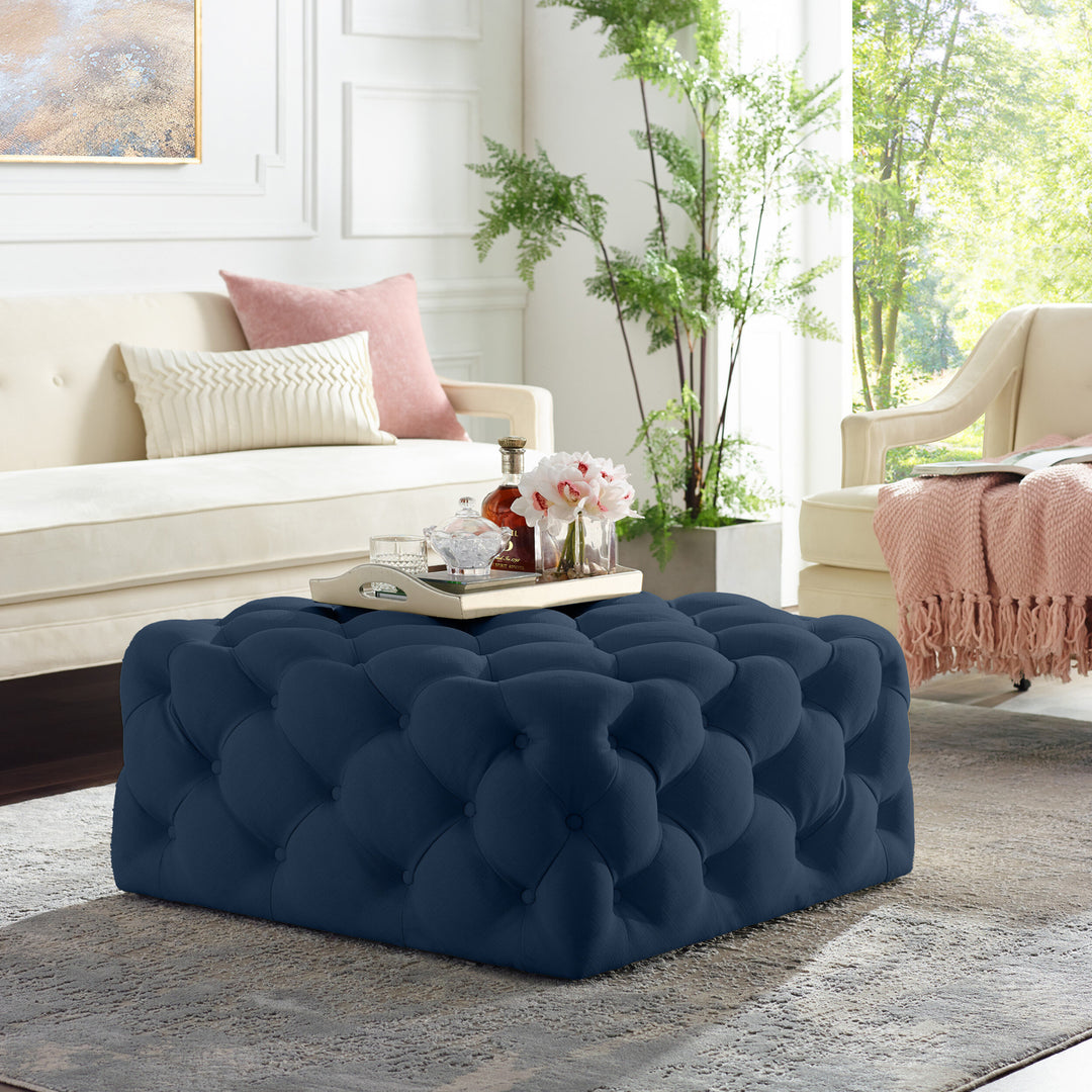 Inspired Home Velvet Linen Cocktail Ottoman 33x33 Tufted Square Castered Legs Image 11