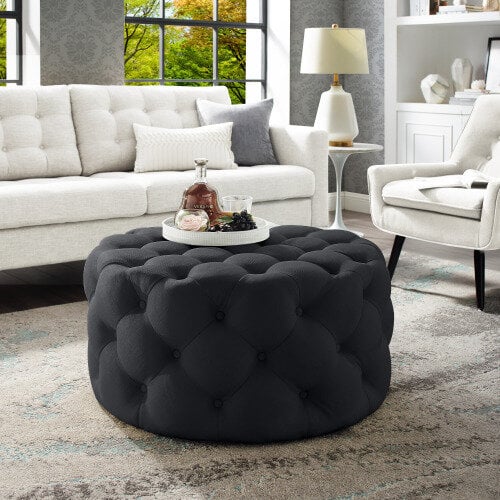 Inspired Home Round Cocktail Ottoman Velvet Linen Diamond Tufted 33in Castered Legs Image 10