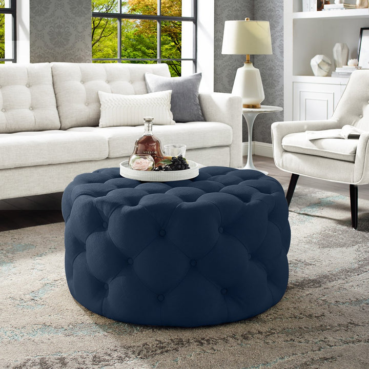 Inspired Home Round Cocktail Ottoman Velvet Linen Diamond Tufted 33in Castered Legs Image 11