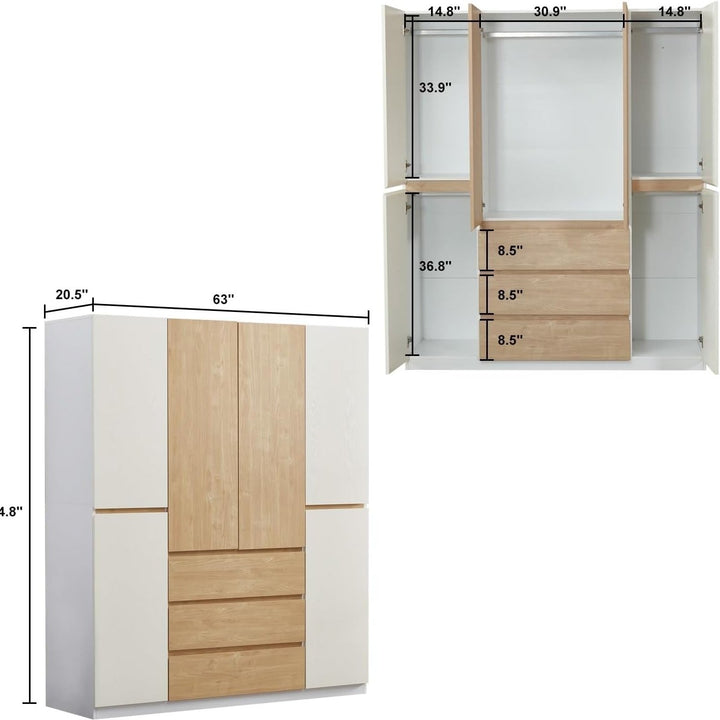 White Wooden Armoire Wardrobe Closet 4 Doors Freestanding 63in Clothes Storage Image 2