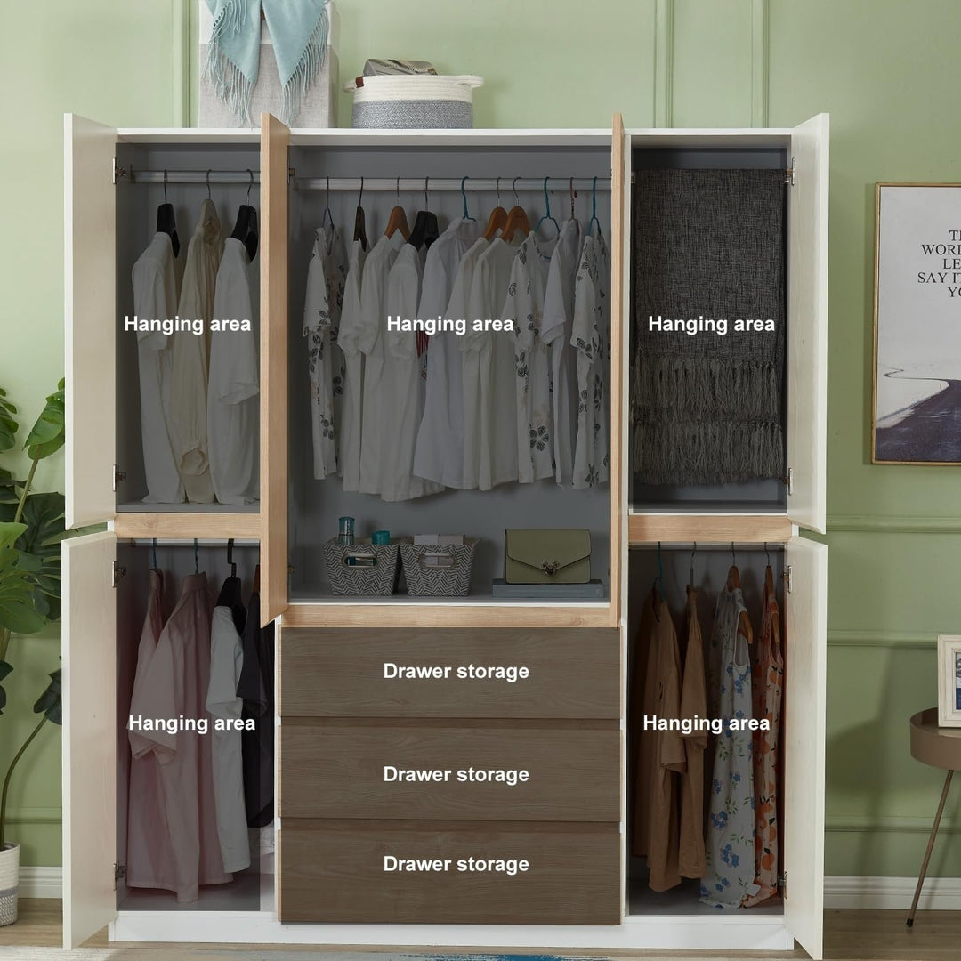 White Wooden Armoire Wardrobe Closet 4 Doors Freestanding 63in Clothes Storage Image 4