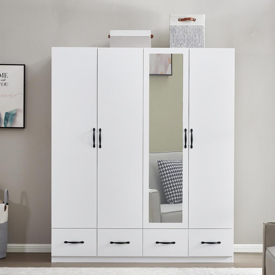 White Wooden Wardrobe Closet 74.2" H 4 Doors Bedroom Storage Armoire MDF Image 1