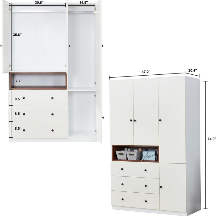 LivelyLodge 74" White Wood Wardrobe Closet 3 Doors Freestanding Storage Cabinet Image 2