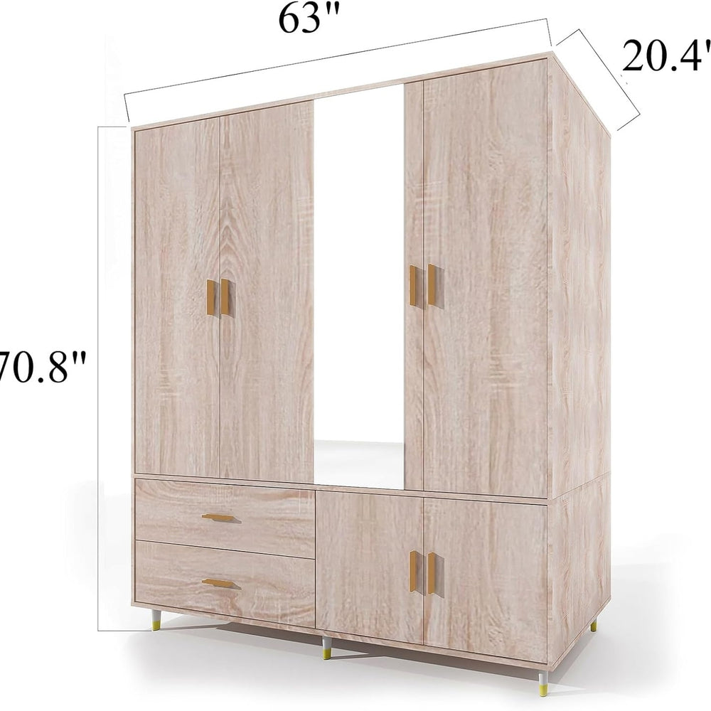 Livelylodge Armoire Wardrobe Closet Wooden Storage Cabinet with 4 Doors, 2 Hanging Rods, 2 Drawers and Mirror for Image 2