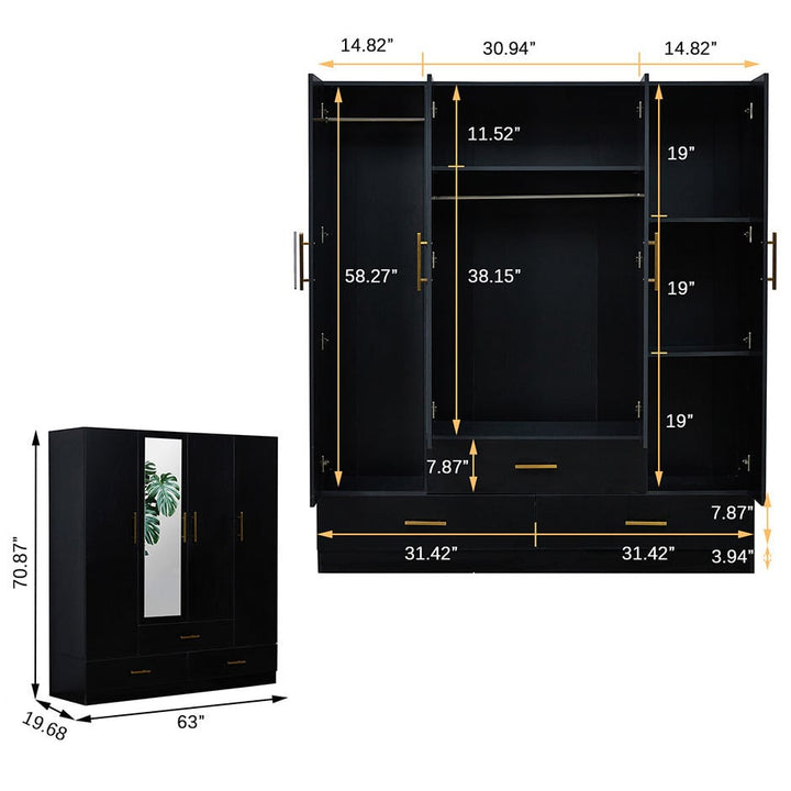 Livelyldoge Black Armoire Wardrobe Closet: 4-Door with 3 Drawers Bedroom Armoires with Mirror and Bedroom Armoire Image 2