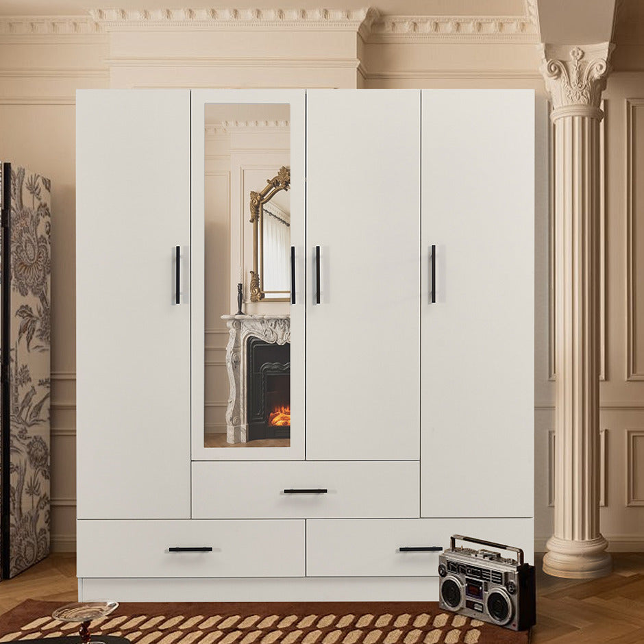 Livelylodge White Armoire Wardrobe Closet: 4-Door 3 Drawers with Mirror and Wardrobe Closet Wood Cabinet Closet Image 1