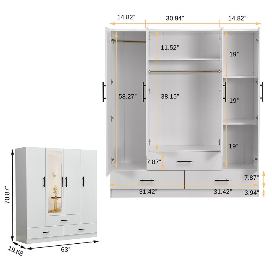 Livelylodge White Armoire Wardrobe Closet: 4-Door 3 Drawers with Mirror and Wardrobe Closet Wood Cabinet Closet Image 2