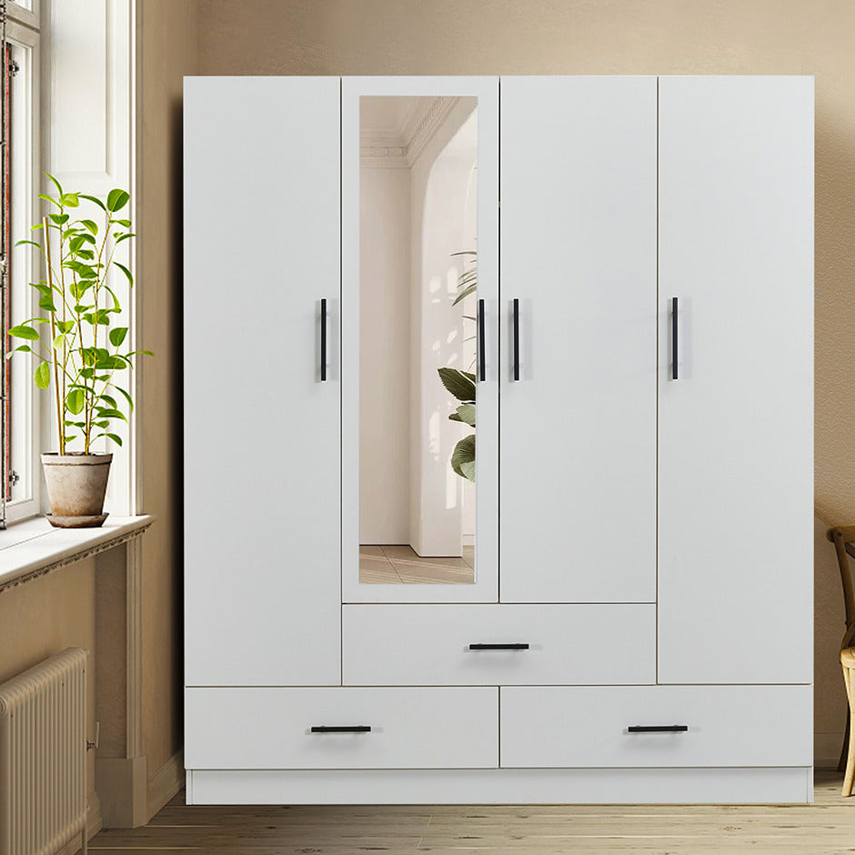 Livelylodge White Armoire Wardrobe Closet: 4-Door 3 Drawers with Mirror and Wardrobe Closet Wood Cabinet Closet Image 3