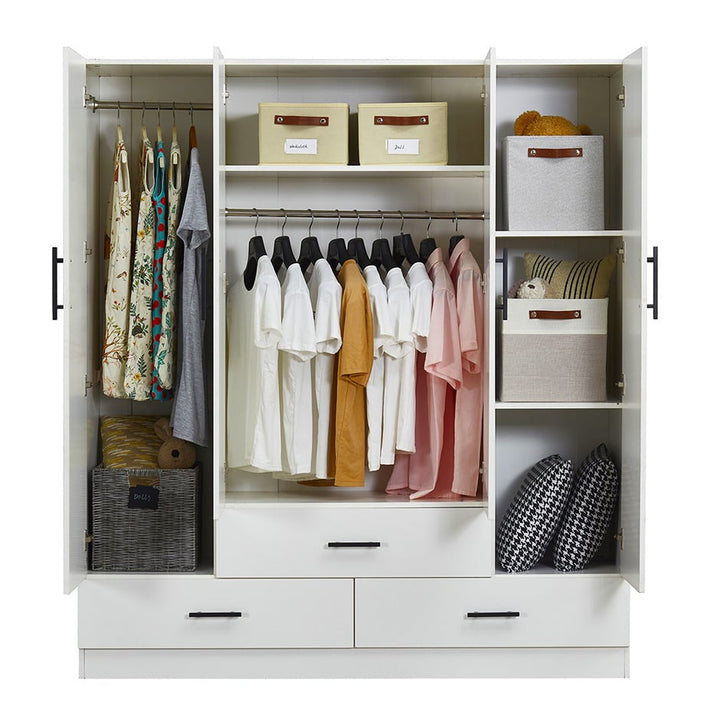 Livelylodge White Armoire Wardrobe Closet: 4-Door 3 Drawers with Mirror and Wardrobe Closet Wood Cabinet Closet Image 4