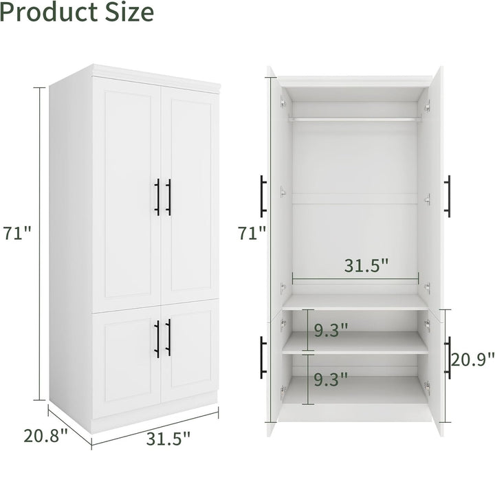 Wood Wardrobe Closet 71" High with Hanging Rod White Armoire Storage Solution Image 2