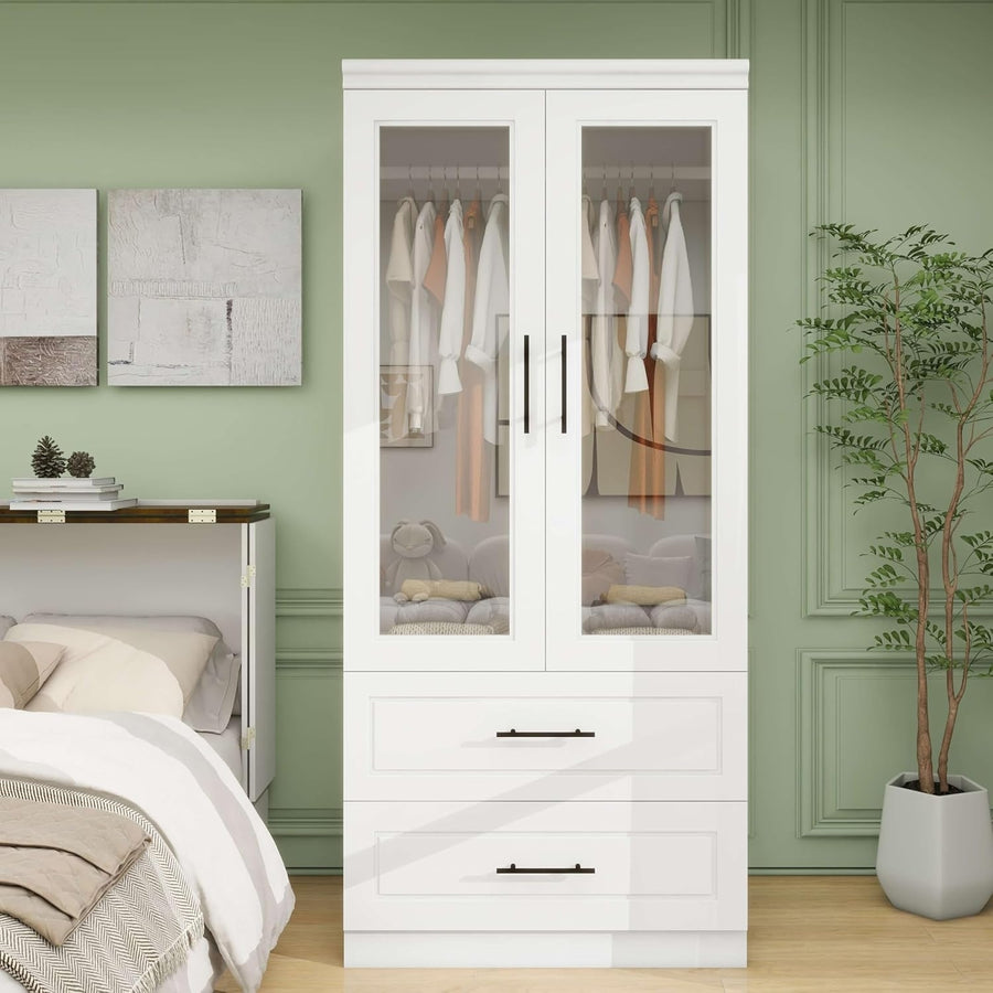 Wood Closet Wardrobe 71 Inch with 2 Drawers White Armoire Hanging Rod Storage Image 1