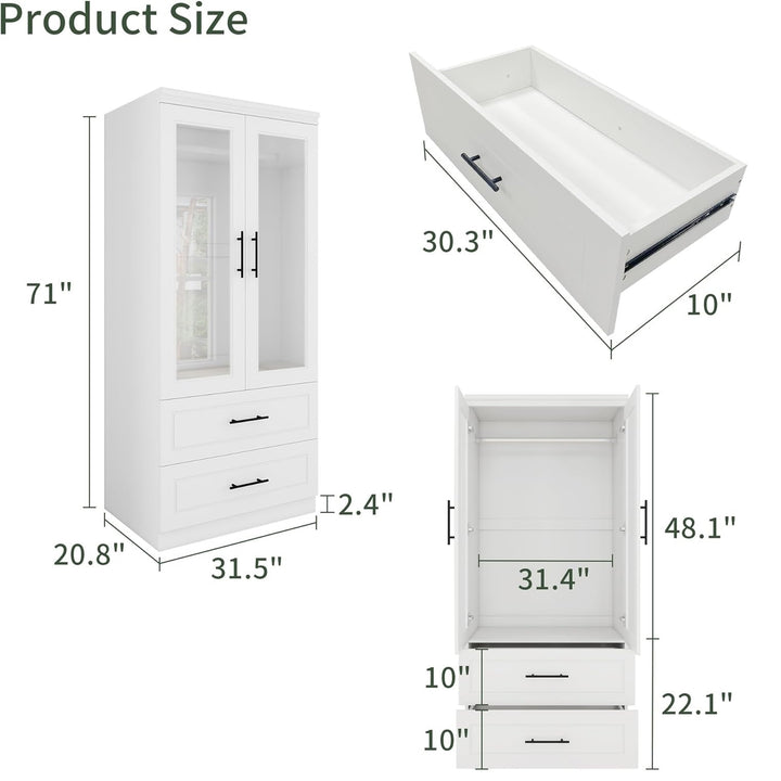 Wood Closet Wardrobe 71 Inch with 2 Drawers White Armoire Hanging Rod Storage Image 2