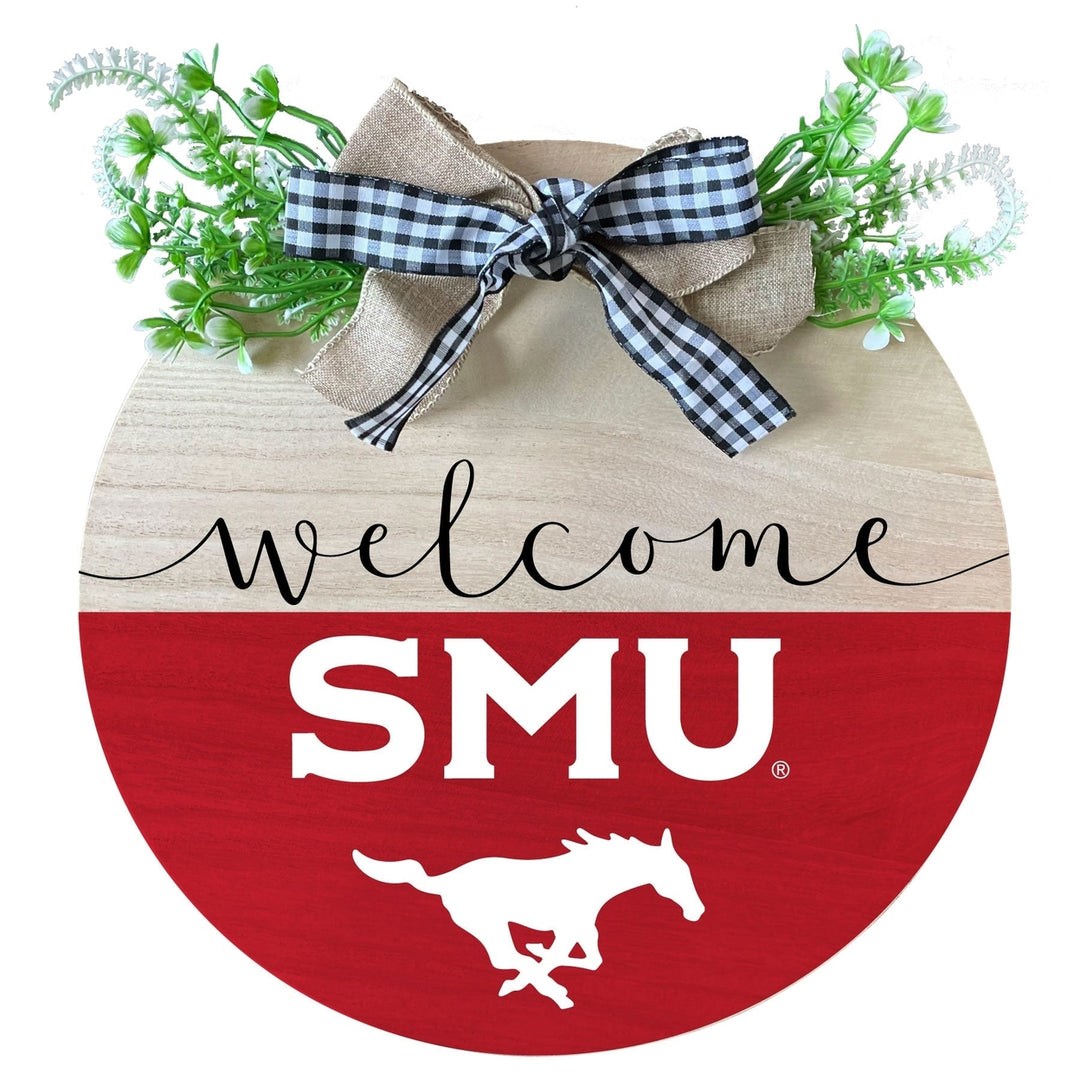 Southern Methodist University Wooden Wreath Welcome Sign Officially Licensed Collegiate Product Image 1