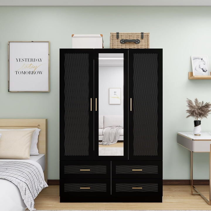 ClassyCabin Wooden Armoire Wardrobe Closet Black 3 Doors 4 Drawers Large Capacity Image 1