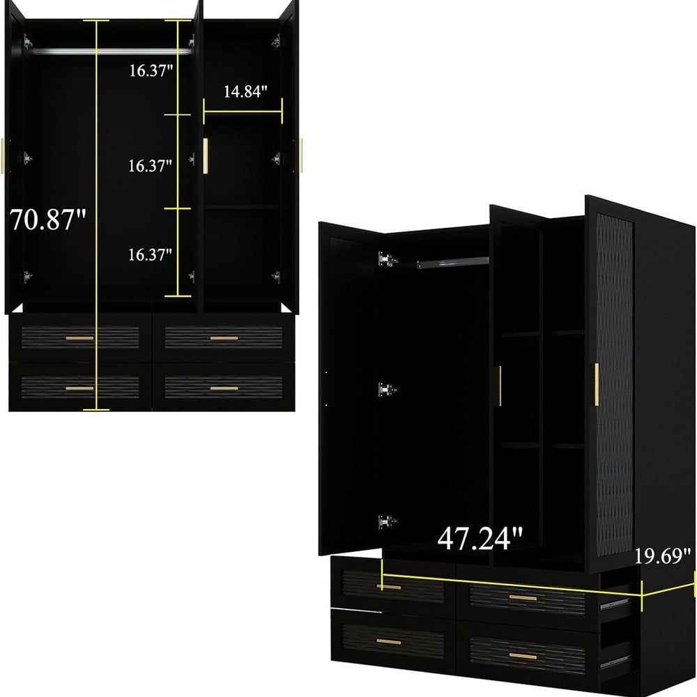 ClassyCabin Wooden Armoire Wardrobe Closet Black 3 Doors 4 Drawers Large Capacity Image 2