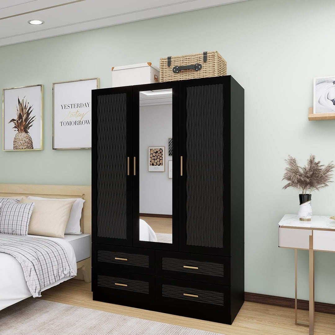 ClassyCabin Wooden Armoire Wardrobe Closet Black 3 Doors 4 Drawers Large Capacity Image 3