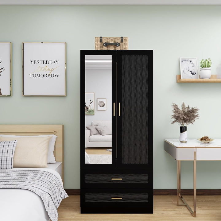 ClassyCabin Black Wooden Armoire Wardrobe Closet with Mirror 2 Doors 2 Drawers Image 1