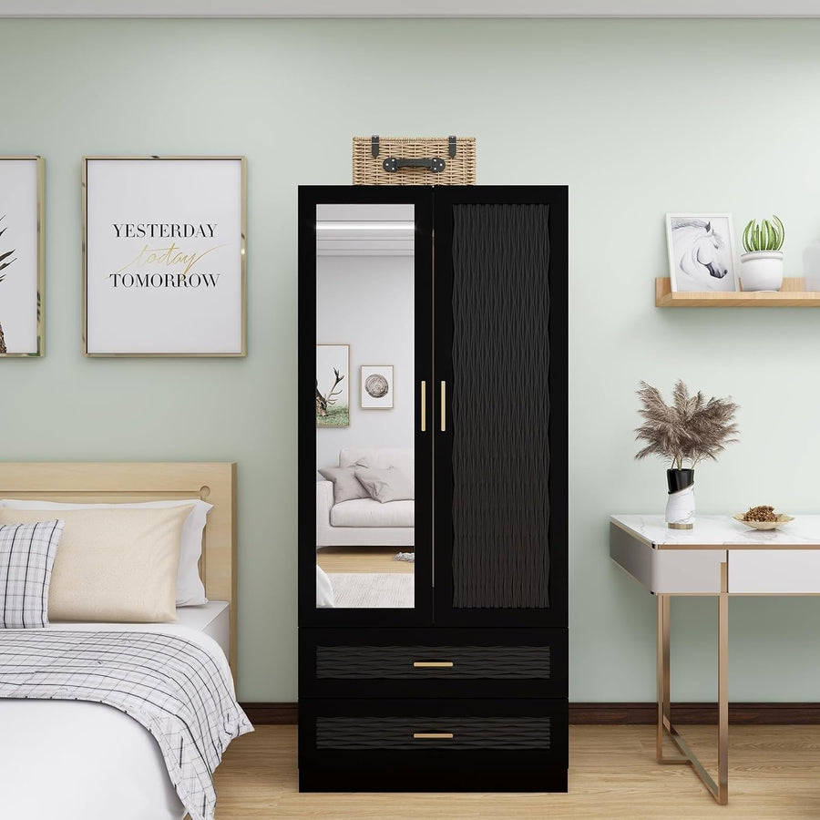 ClassyCabin Black Wooden Armoire Wardrobe Closet with Mirror 2 Doors 2 Drawers Image 1