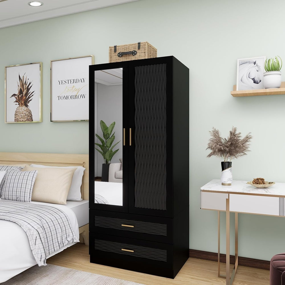 ClassyCabin Black Wooden Armoire Wardrobe Closet with Mirror 2 Doors 2 Drawers Image 2