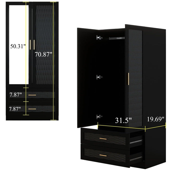 ClassyCabin Black Wooden Armoire Wardrobe Closet with Mirror 2 Doors 2 Drawers Image 3