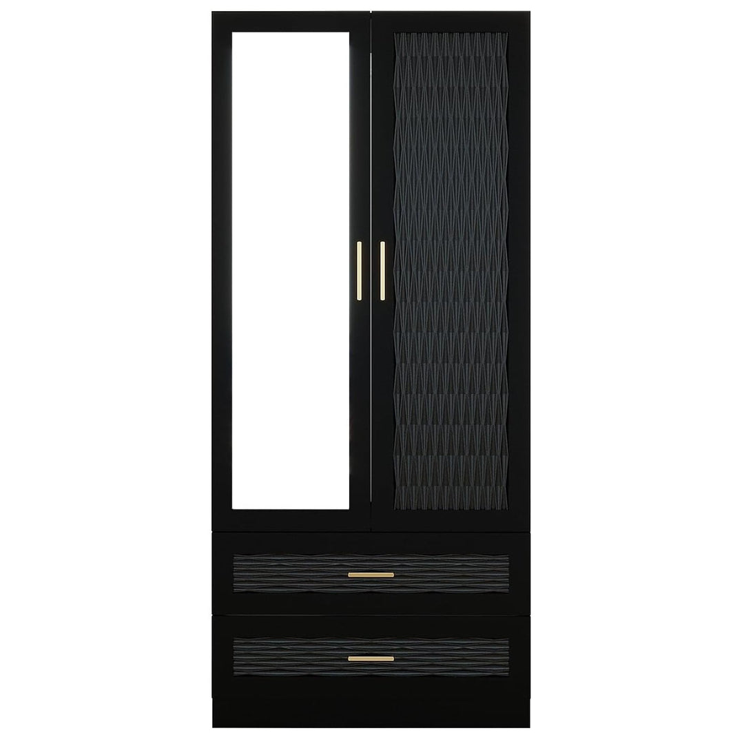 ClassyCabin Black Wooden Armoire Wardrobe Closet with Mirror 2 Doors 2 Drawers Image 4