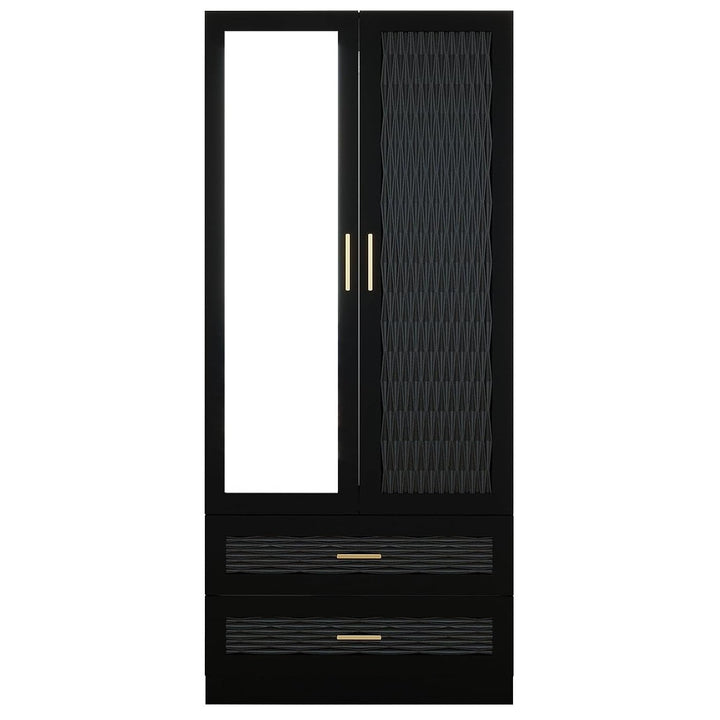 ClassyCabin Black Wooden Armoire Wardrobe Closet with Mirror 2 Doors 2 Drawers Image 4