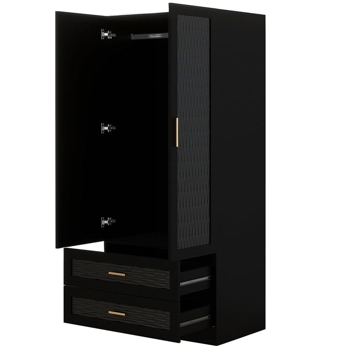 ClassyCabin Black Wooden Armoire Wardrobe Closet with Mirror 2 Doors 2 Drawers Image 5