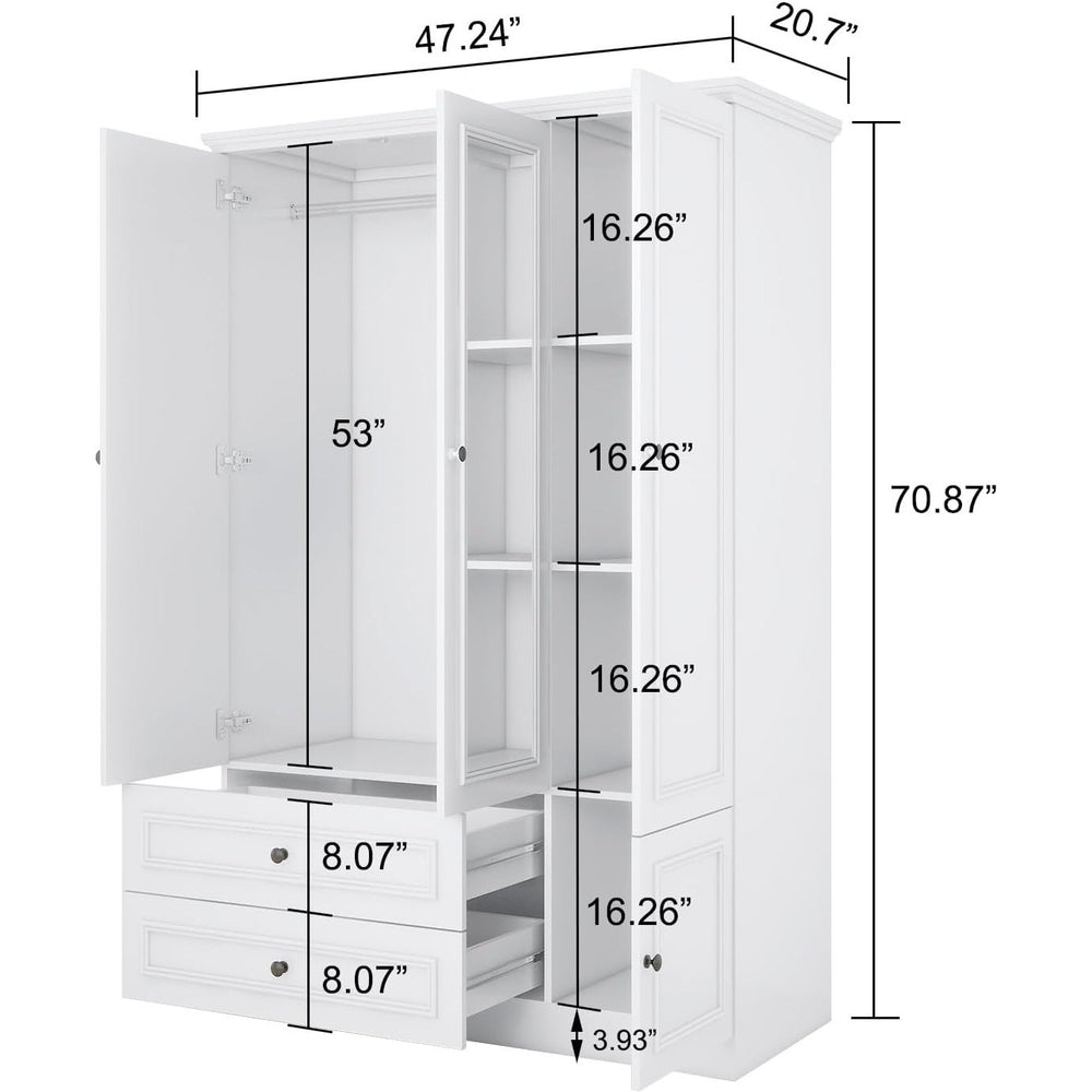 White Wooden Armoire 3 Door Wardrobe Closet with Hanging Rod 2 Drawers Large Capacity Image 2