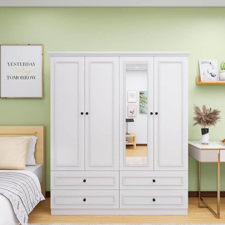 White Armoire Wardrobe Closet 4 Doors 2 Hanging Rods 4 Drawers Bedroom Storage Image 1