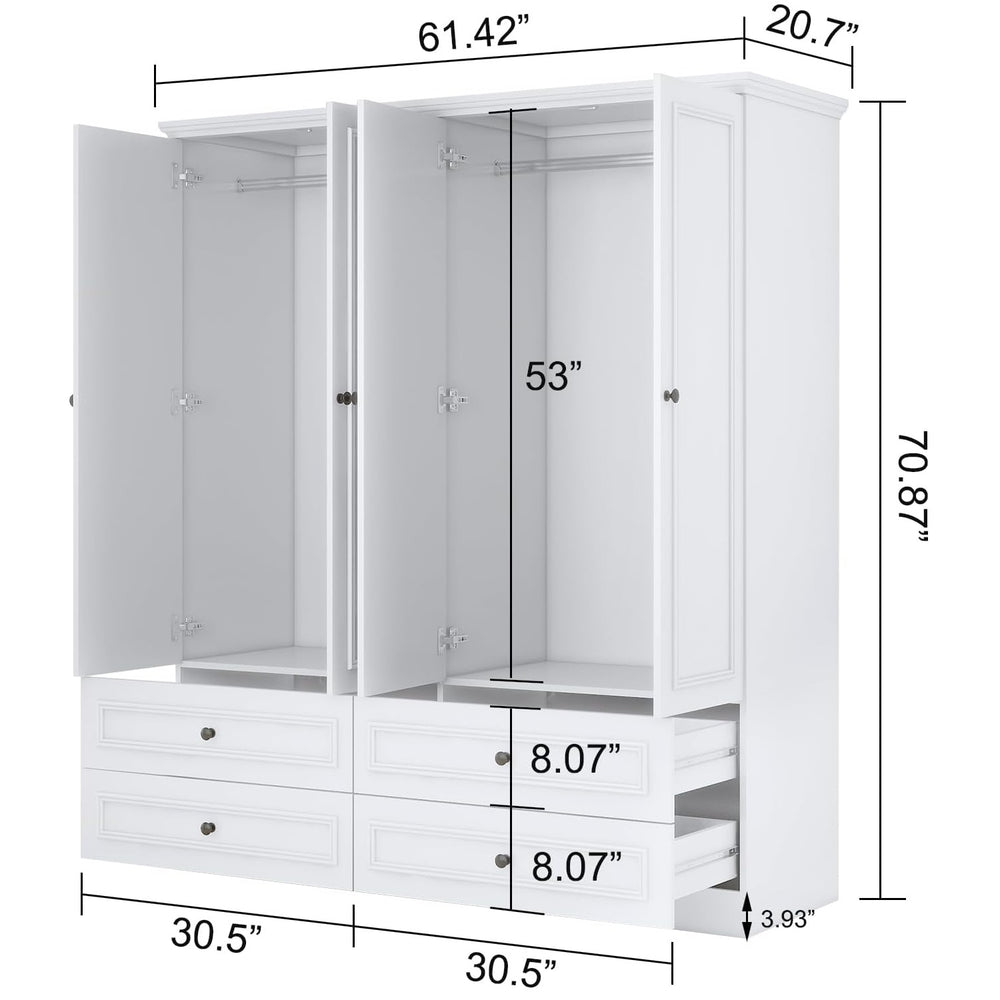 White Armoire Wardrobe Closet 4 Doors 2 Hanging Rods 4 Drawers Bedroom Storage Image 2