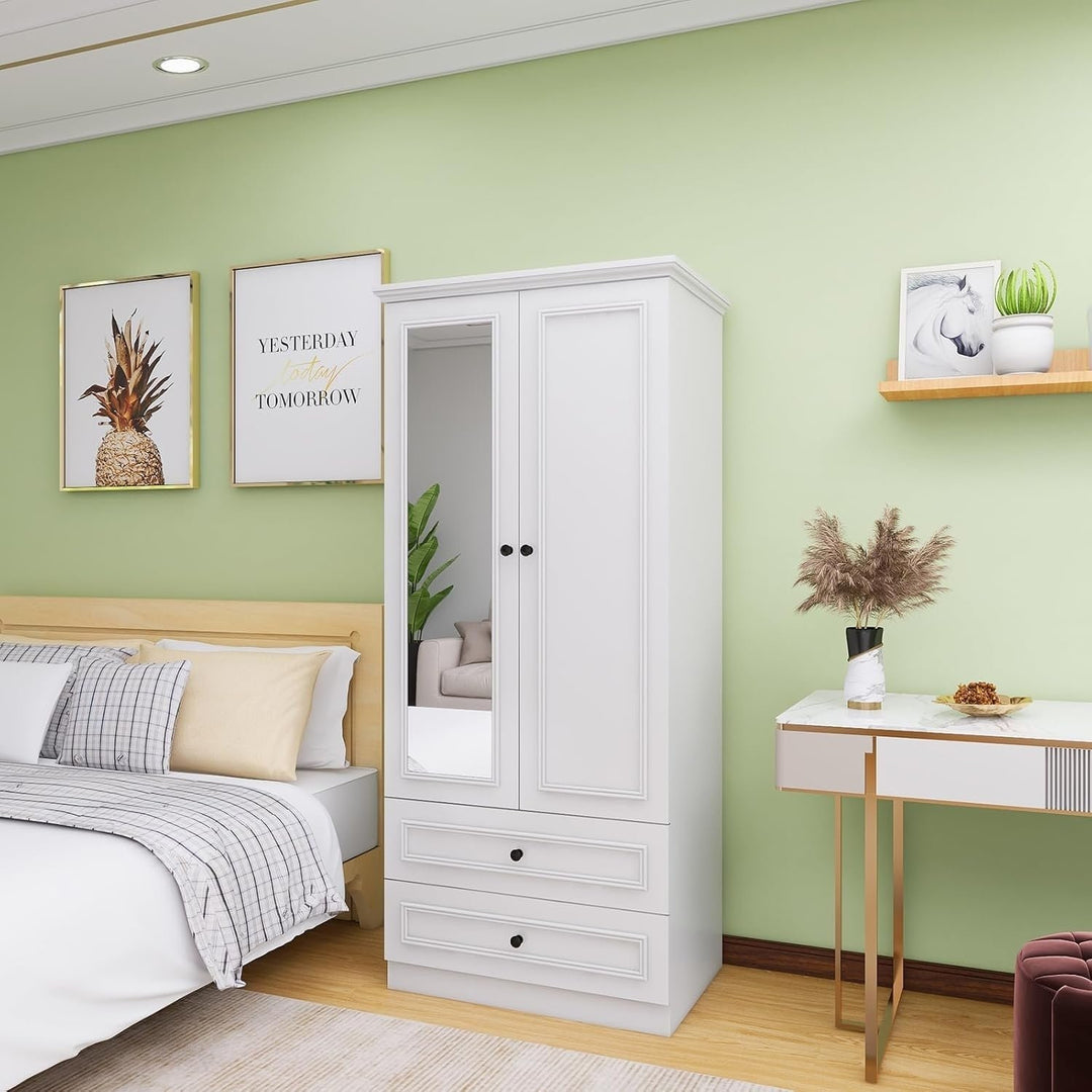 ClassyCabin White Wood Armoire Wardrobe Closet 2 Doors 2 Drawers Large Capacity Image 2