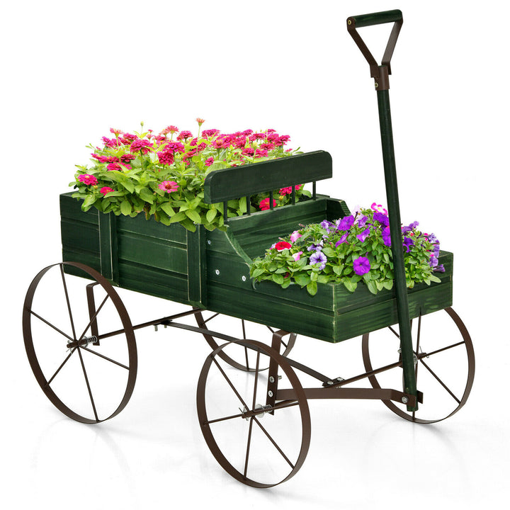 Garden Plant Planter Wooden Wagon Planter W/ Wheel Garden Yard Image 5