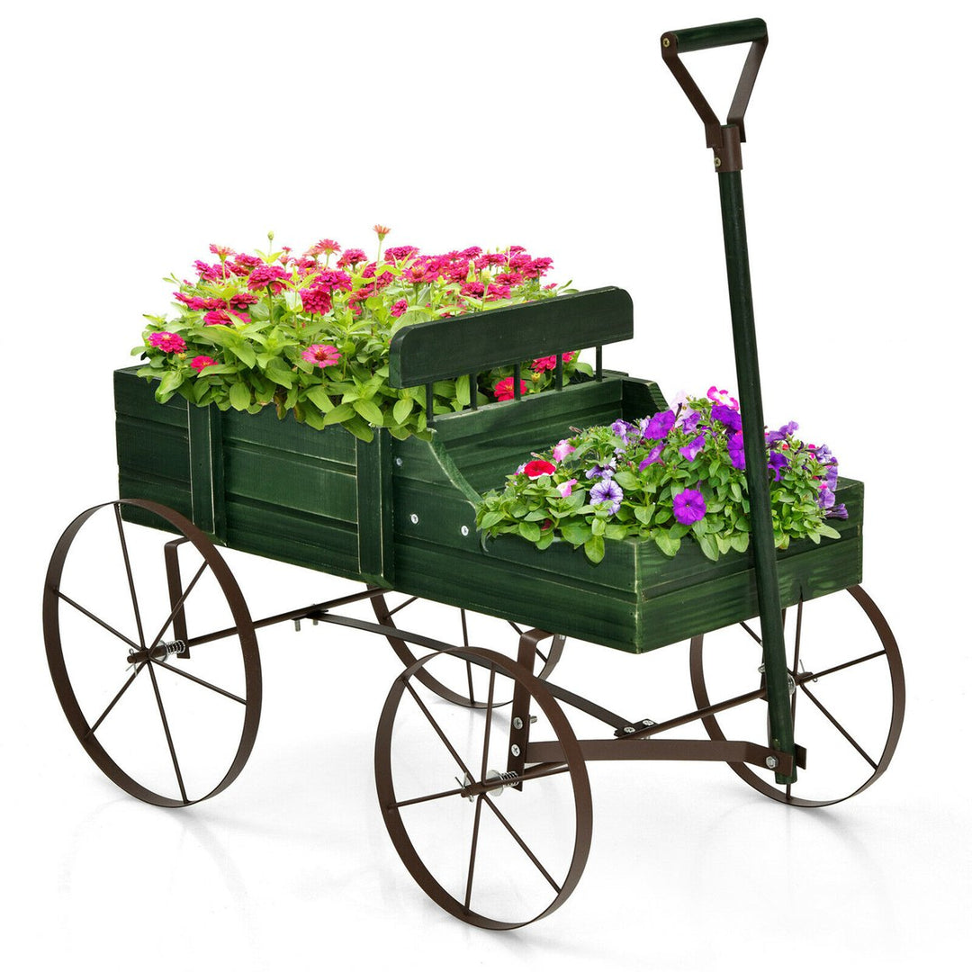 Garden Plant Planter Wooden Wagon Planter W/ Wheel Garden Yard Image 1