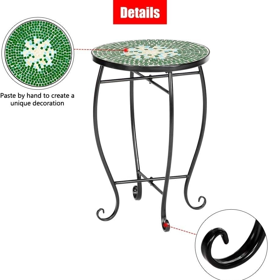 Round Iron Indoor and Outdoor Side Table Mosaic Plant Stand Round End Table with 14" Ceramic Tile Top Image 3