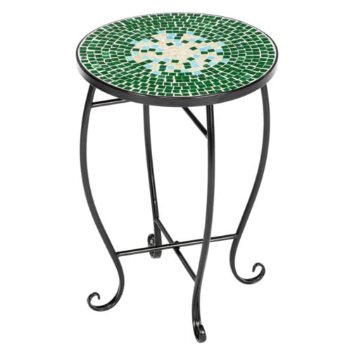 Round Iron Indoor and Outdoor Side Table Mosaic Plant Stand Round End Table with 14" Ceramic Tile Top Image 7