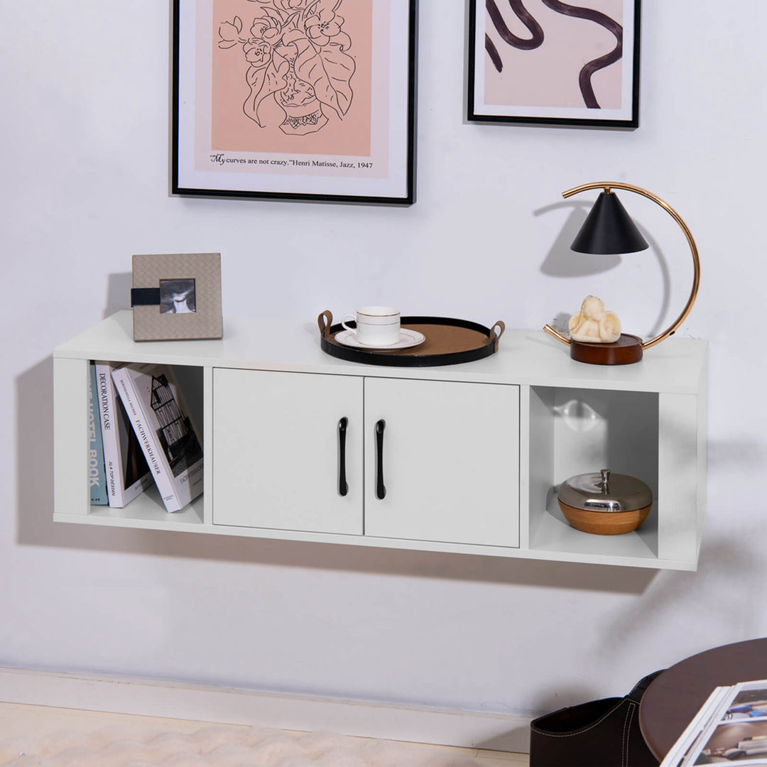 Wall Mounted Floating Media Storage Cabinet Hanging Desk Hutch W/Door White Image 2