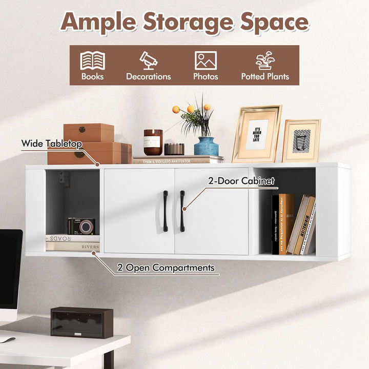 Wall Mounted Floating Media Storage Cabinet Hanging Desk Hutch W/Door White Image 6