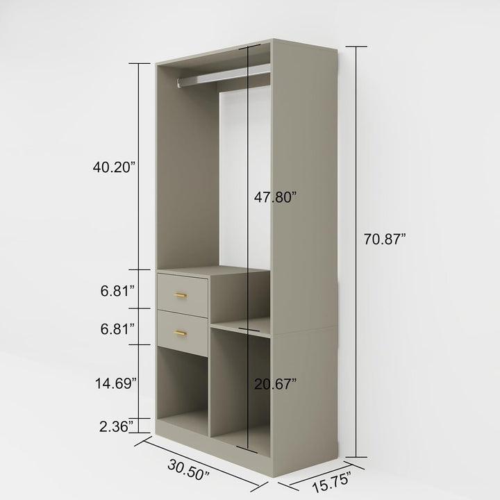 71" Wooden Closet Organizer System with Drawers Shelves and Hanging Rods Image 3