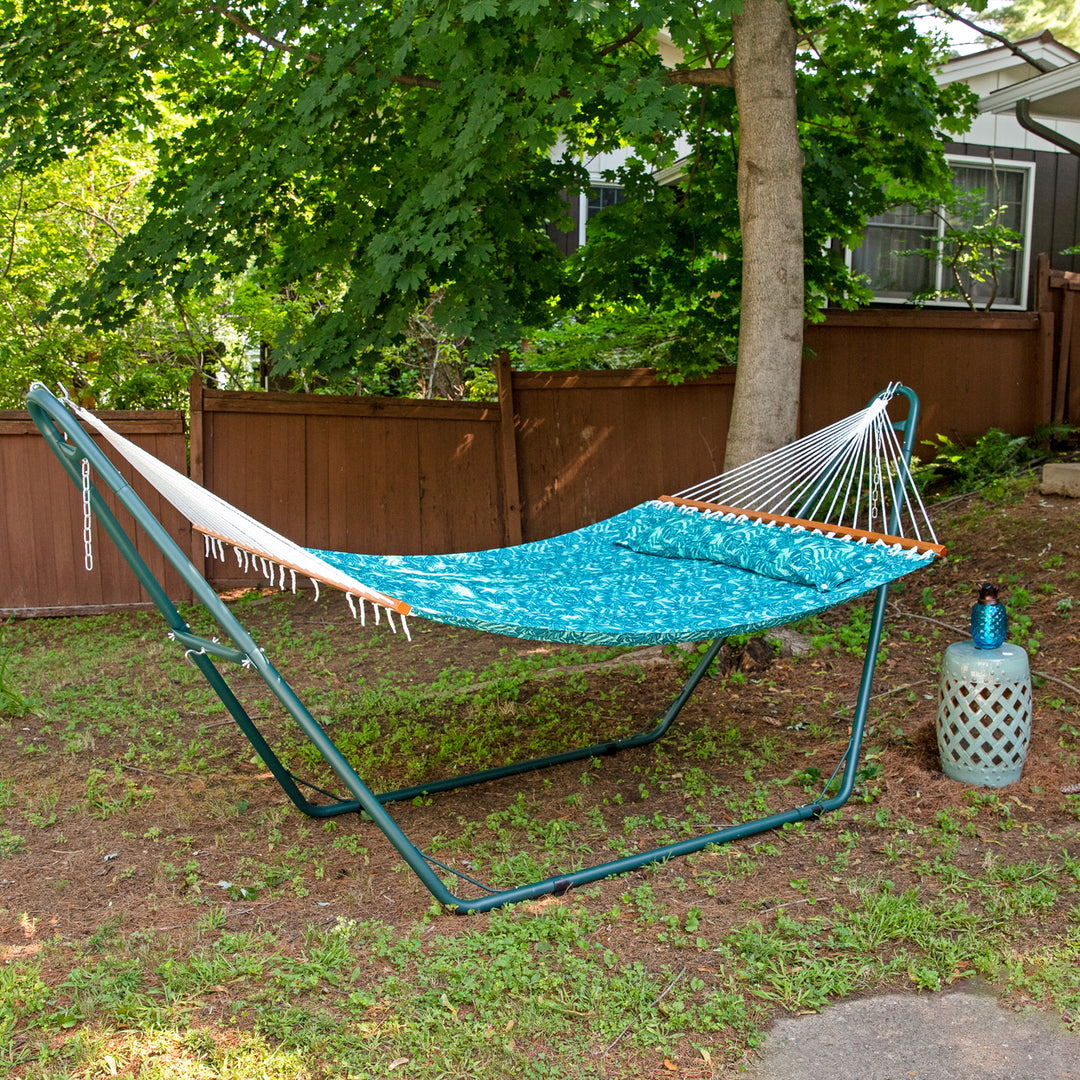 Sunnydaze Large Quilted Hammock with Spreader Bar and Pillow - Blue Tropics Image 5