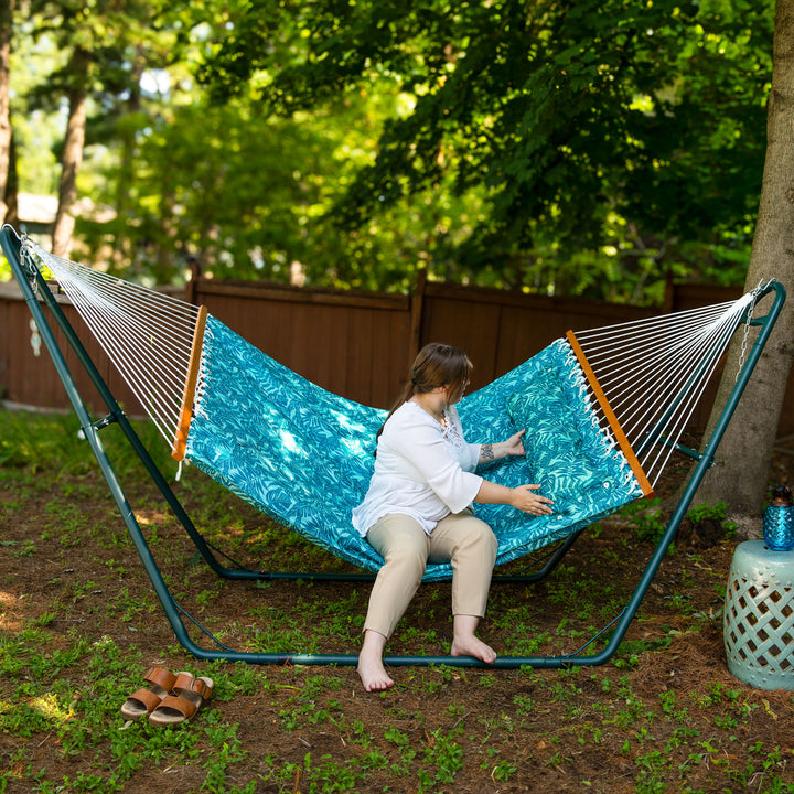 Sunnydaze Large Quilted Hammock with Spreader Bar and Pillow - Blue Tropics Image 6