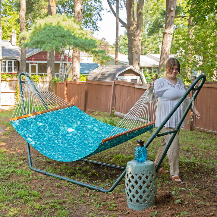 Sunnydaze Large Quilted Hammock with Spreader Bar and Pillow - Blue Tropics Image 7