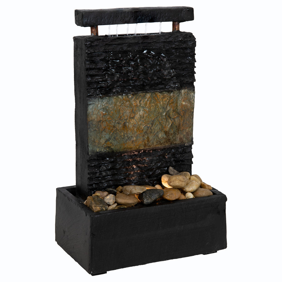 Sunnydaze Rainfall Ridged Slate Tabletop Fountain with Light - 16" Image 1