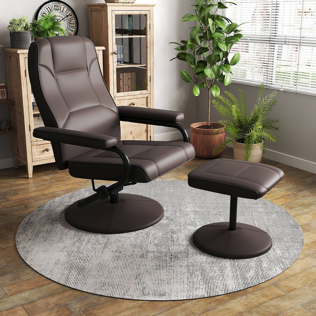 Recliner Chair Swivel PU Leather Lounge Accent Armchair w/ Ottoman Brown Image 1