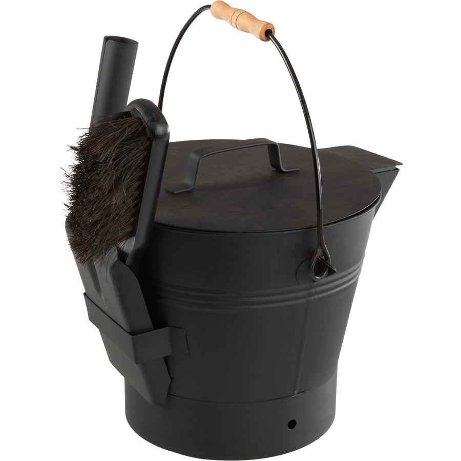 Pure Garden Ash Bucket with Lid Broom Shovel 2.11 Gallon Black Metal Set Image 1