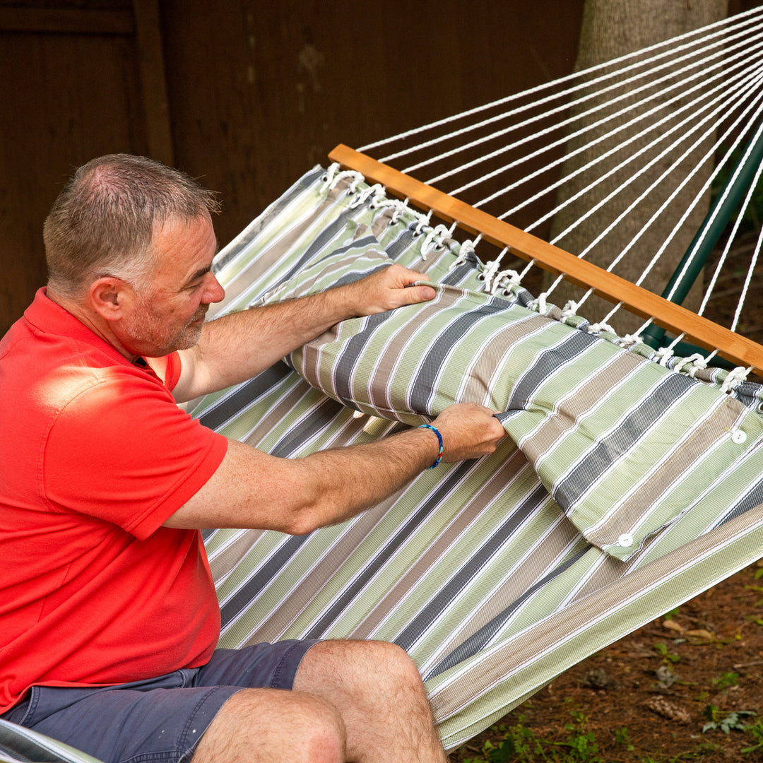 Sunnydaze Large Quilted Hammock with Spreader Bar and Pillow - Khaki Stripe Image 9