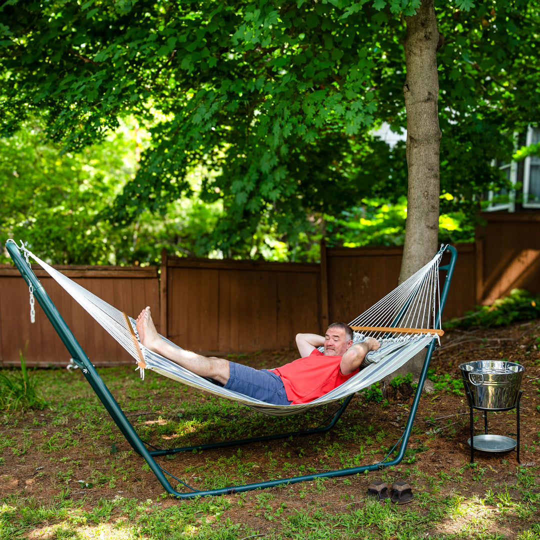 Sunnydaze Large Quilted Hammock with Spreader Bar and Pillow - Khaki Stripe Image 6